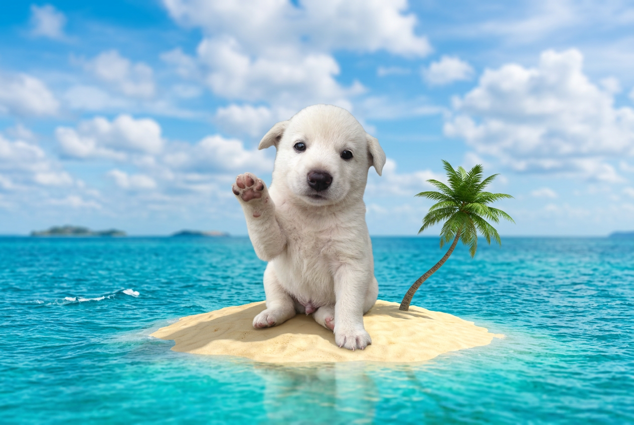 Bob the puppy stranded on a tiny desert island waving for help